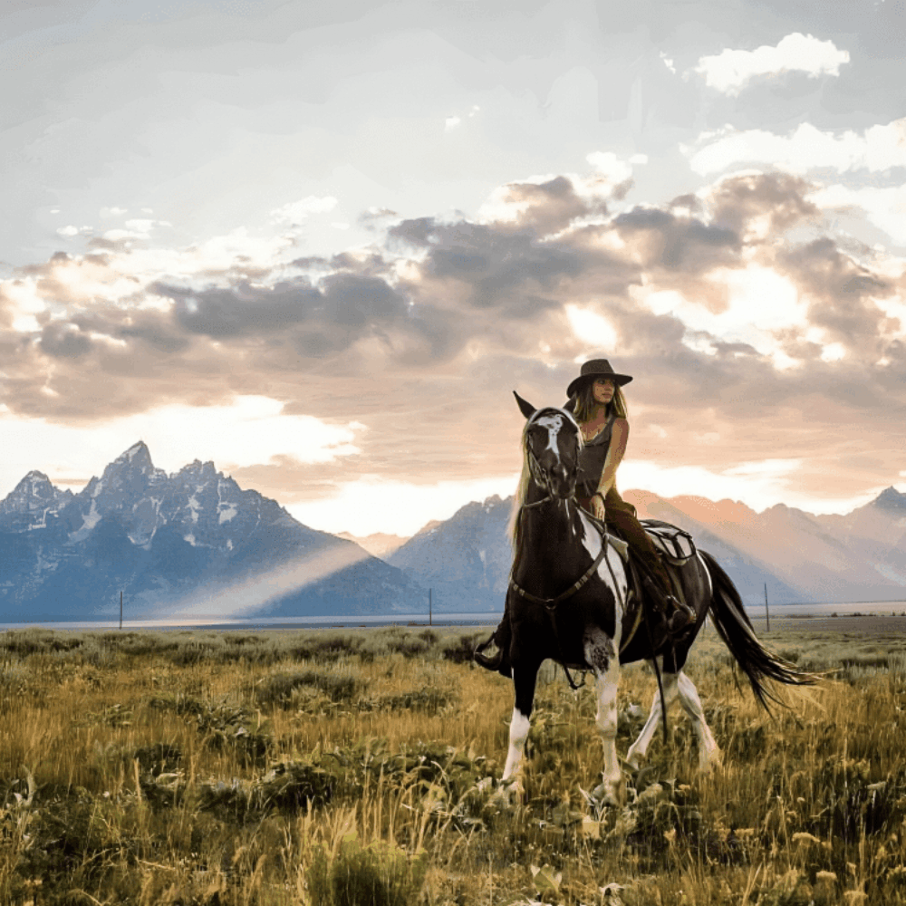 cowgirl on horse sunset