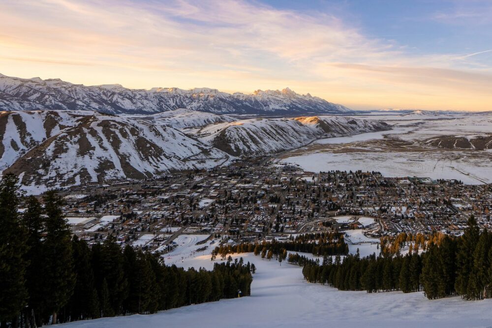 A view of Jackson Hole, Wyoming, at dusk in winter.