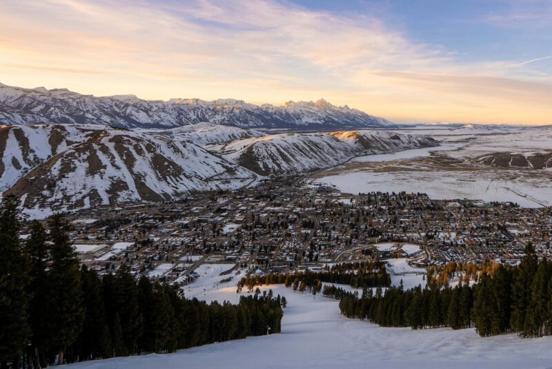 A view of Jackson Hole, Wyoming, at dusk in winter.